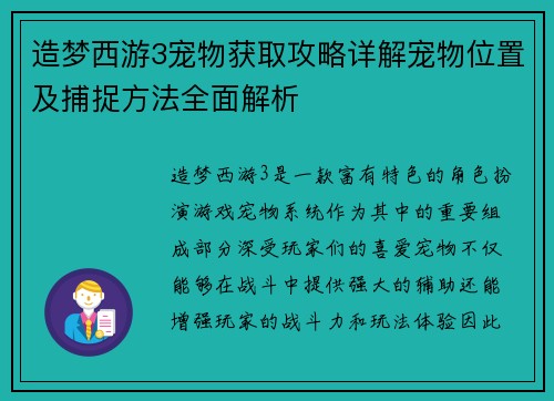 造梦西游3宠物获取攻略详解宠物位置及捕捉方法全面解析